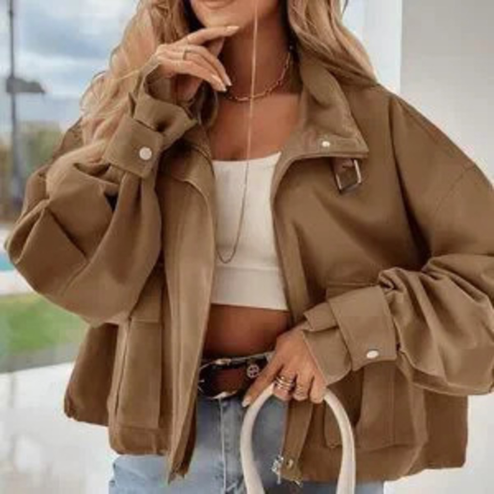 Brown Casual Women's Cropped Bomber Jacket with Zip Up and Pockets
